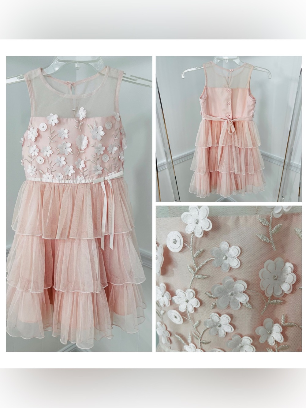 JONA MICHELLE Girls Tiered Tulle Formal Pale Pink 3D EmbroideredFloral Dress Sz6